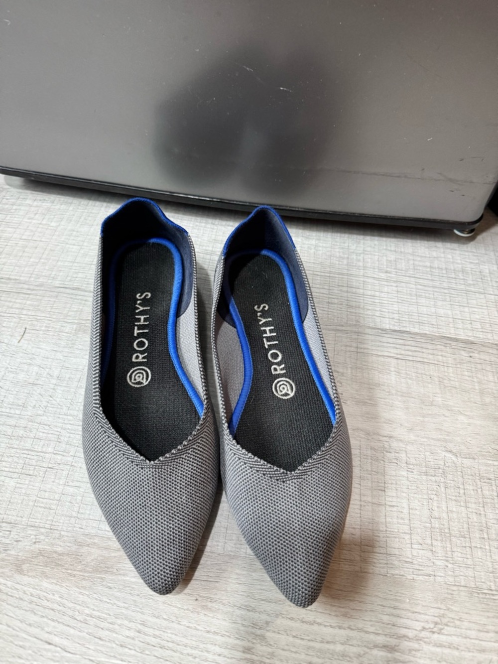 Rothy's Pointed Knit Flats in Gray with Blue Trim